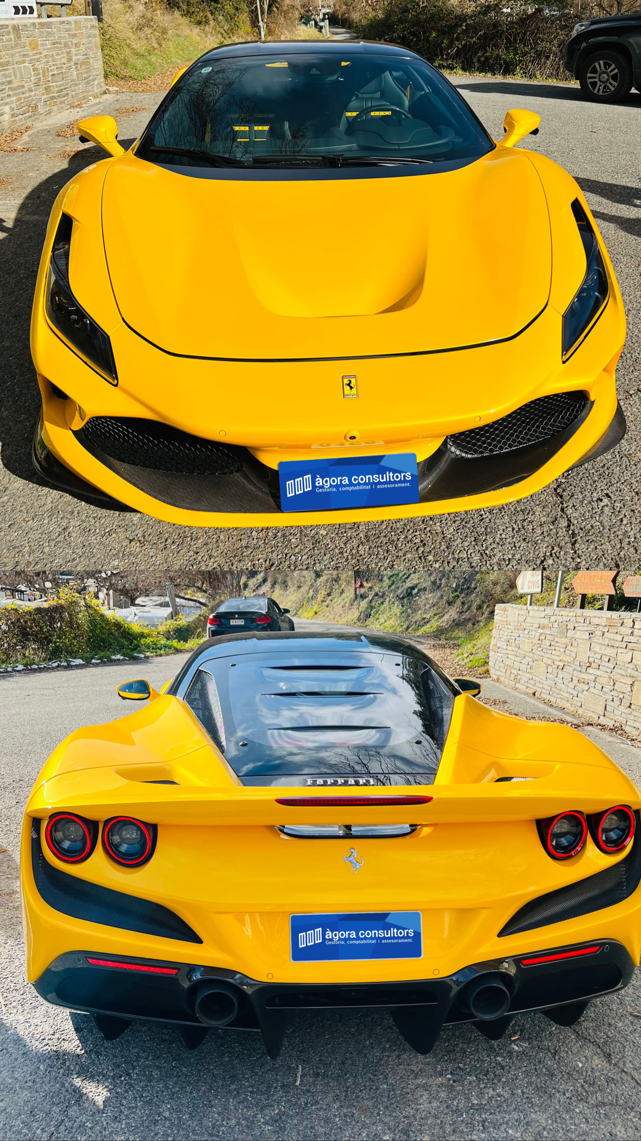 Ferrari F8 Tributo groc circulant amb plaques de matrícula temporal andorrana.