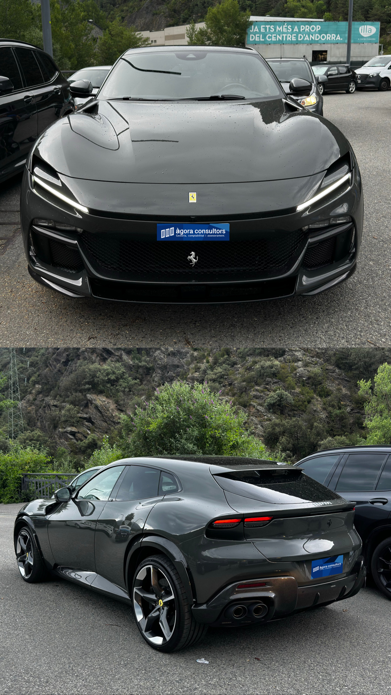 Ferrari Purosangue gris oscuro con matrícula turística en Andorra